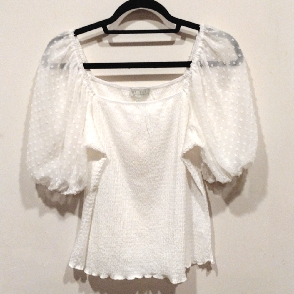 White Puff-Sleeve Women's Blouse - Smocked Bodice